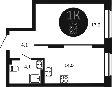 Планировка — Первый на Есенина, 1-комн., 39 м²