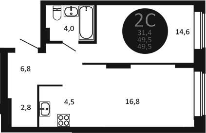 Планировка — Первый на Есенина, 2-комн., 50 м²
