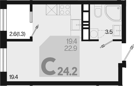 Планировка — Первое место, Студия, 23 м²