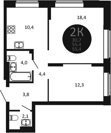 Планировка — Первый на Есенина, 2-комн., 55 м²