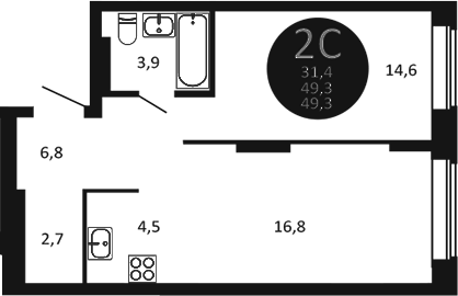 Планировка — Первый на Есенина, 2-комн., 49 м²