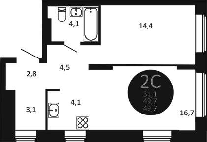 Планировка — Первый на Есенина, 2-комн., 50 м²