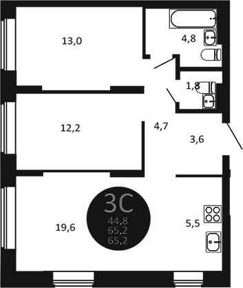 Планировка — Первый на Есенина, 3-комн., 65 м²