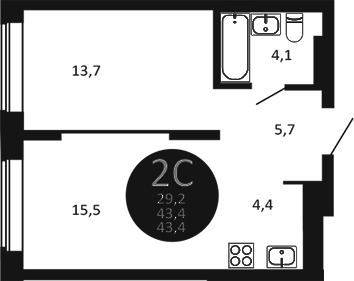 Планировка — Первый на Есенина, 2-комн., 43 м²