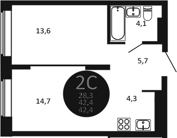 Планировка — Первый на Есенина, 2-комн., 42 м²