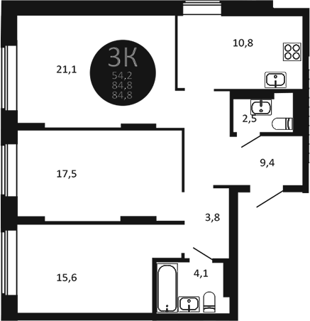 Планировка — Первый на Есенина, 3-комн., 85 м²