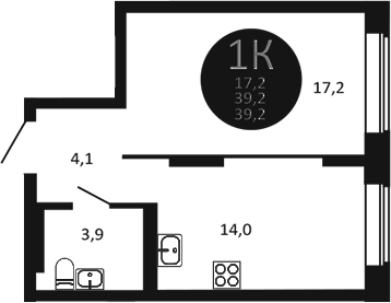 Планировка — Первый на Есенина, 1-комн., 39 м²