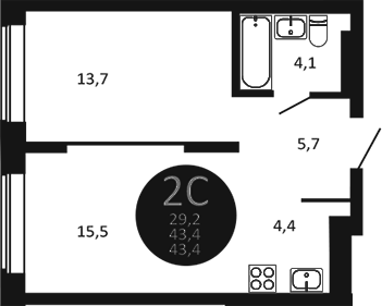 Планировка — Первый на Есенина, 2-комн., 43 м²