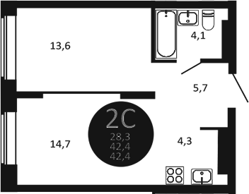 Планировка — Первый на Есенина, 2-комн., 42 м²