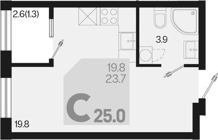 Планировка — Первое место, Студия, 24 м²