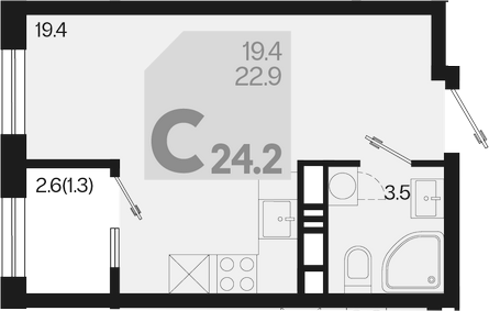 Планировка — Первое место, Студия, 23 м²