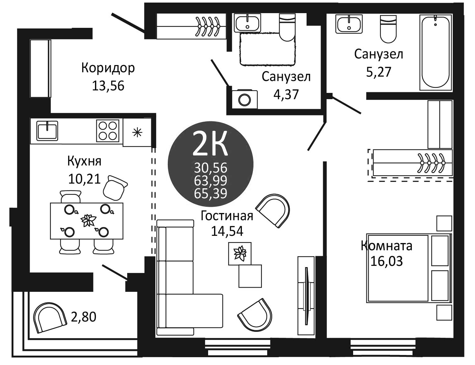 Планировка — Первый на Рябиновой, 2-комн., 64 м²