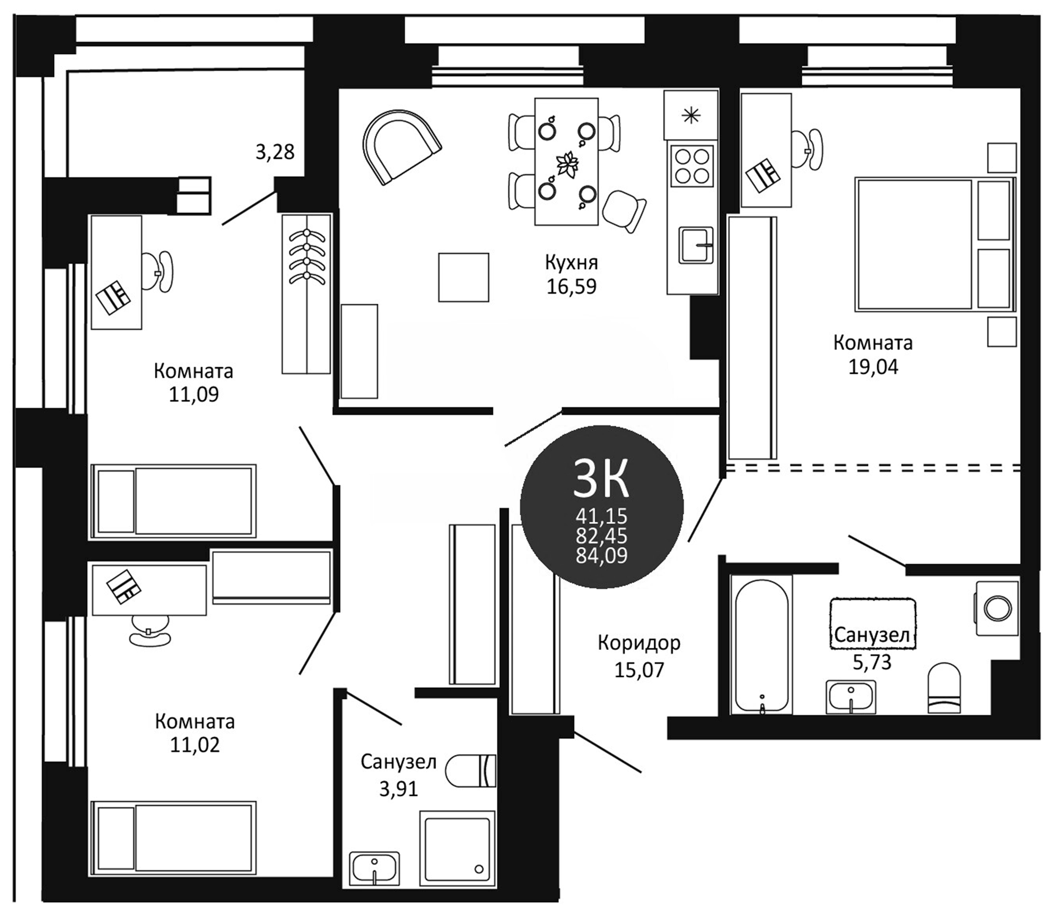Планировка — Первый на Рябиновой, 3-комн., 82 м²