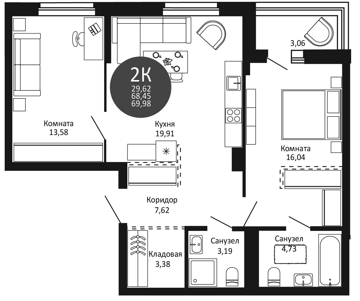 Планировка — Первый на Рябиновой, 2-комн., 68 м²