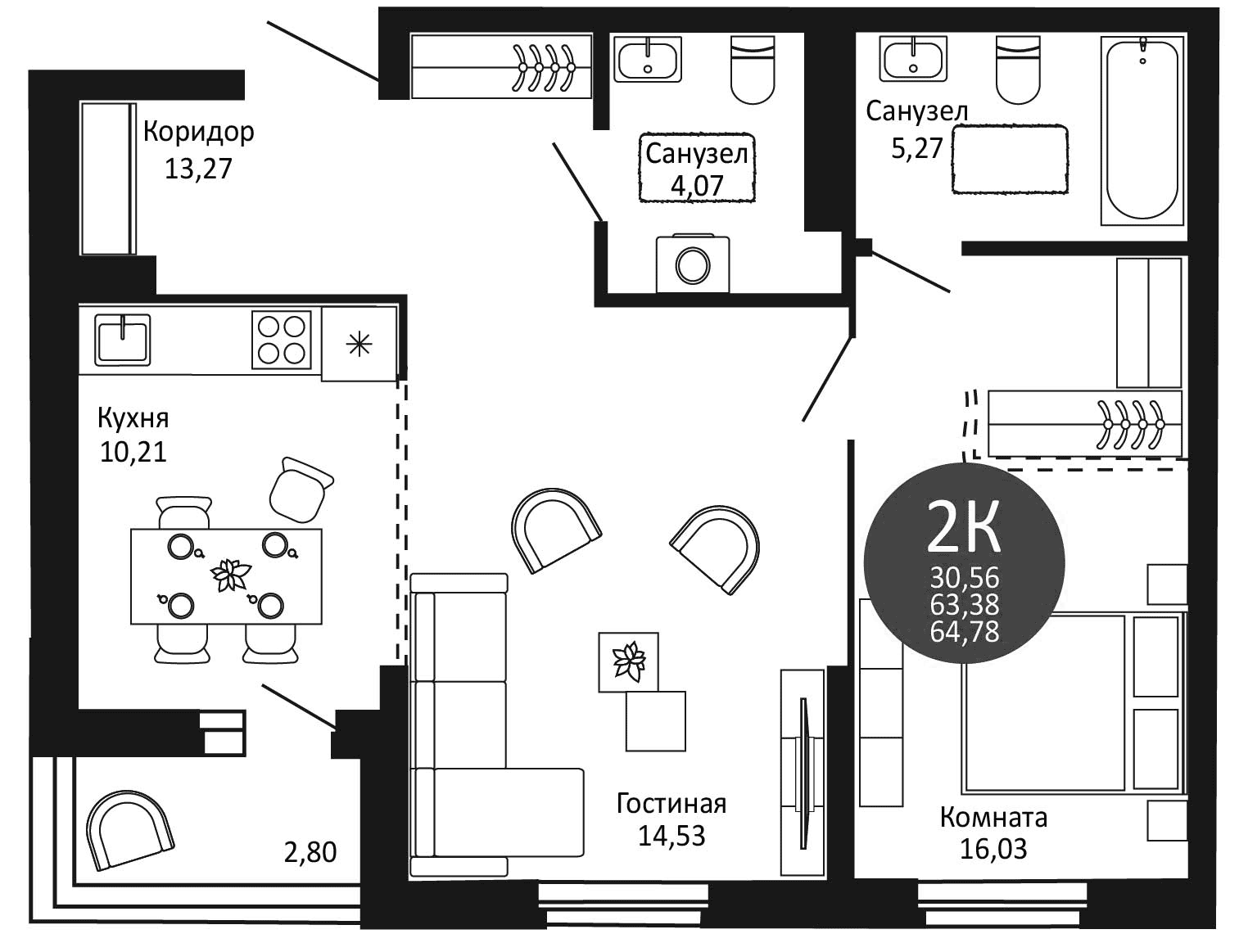 Планировка — Первый на Рябиновой, 2-комн., 63 м²