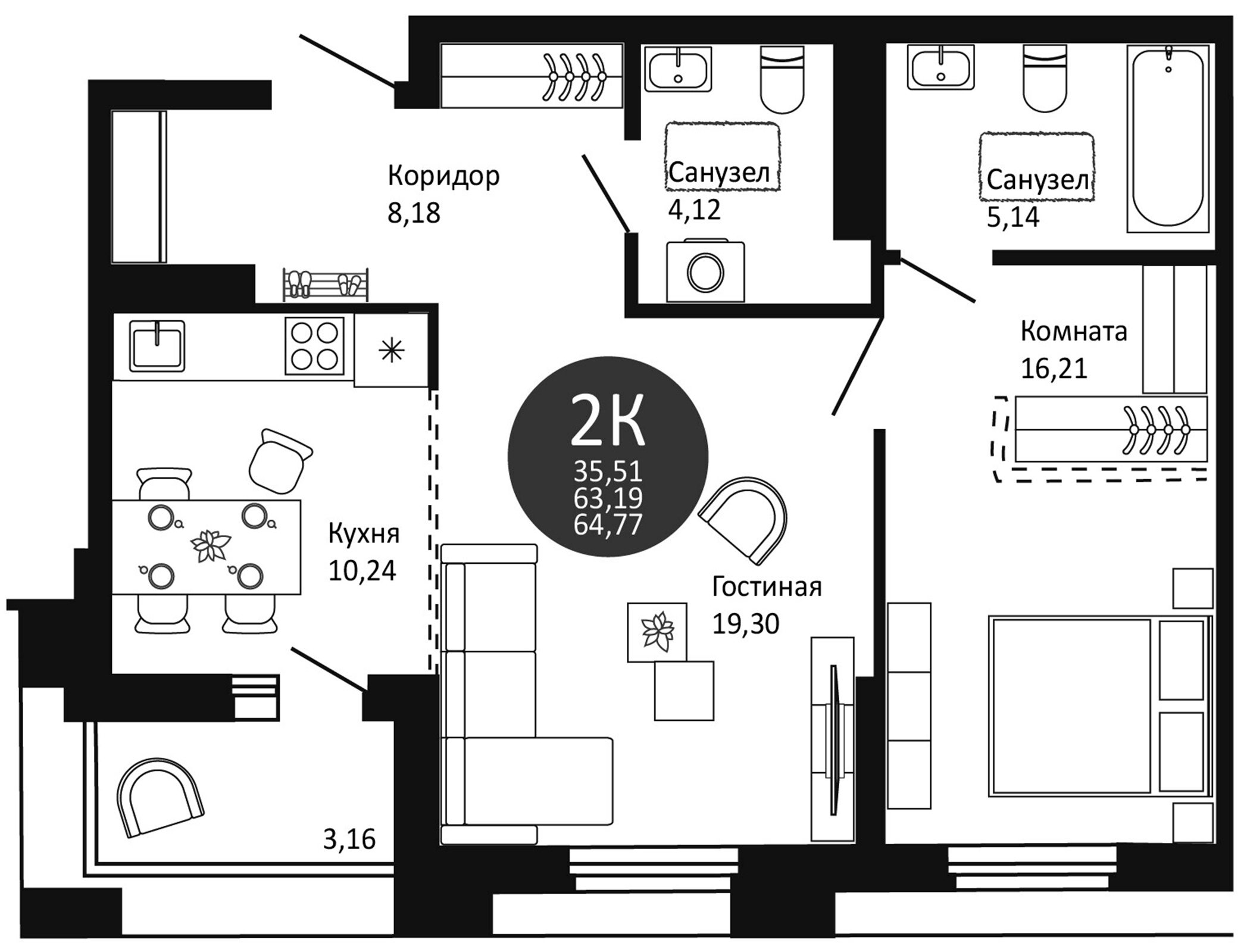 Планировка — Первый на Рябиновой, 2-комн., 63 м²