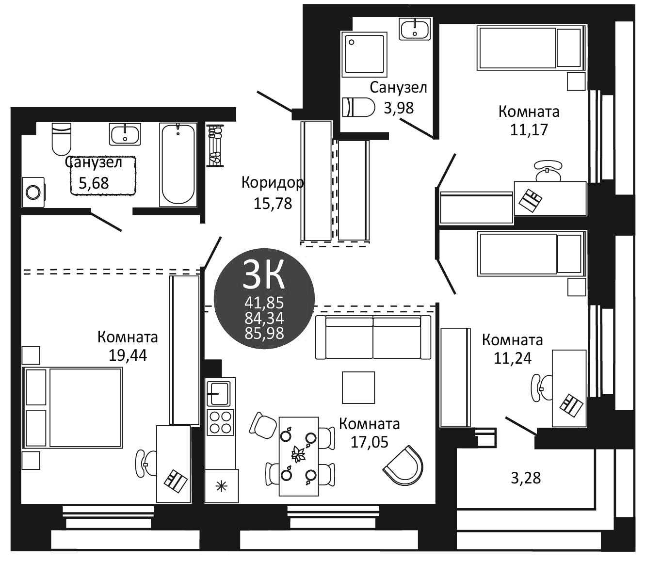 Планировка — Первый на Рябиновой, 3-комн., 84 м²