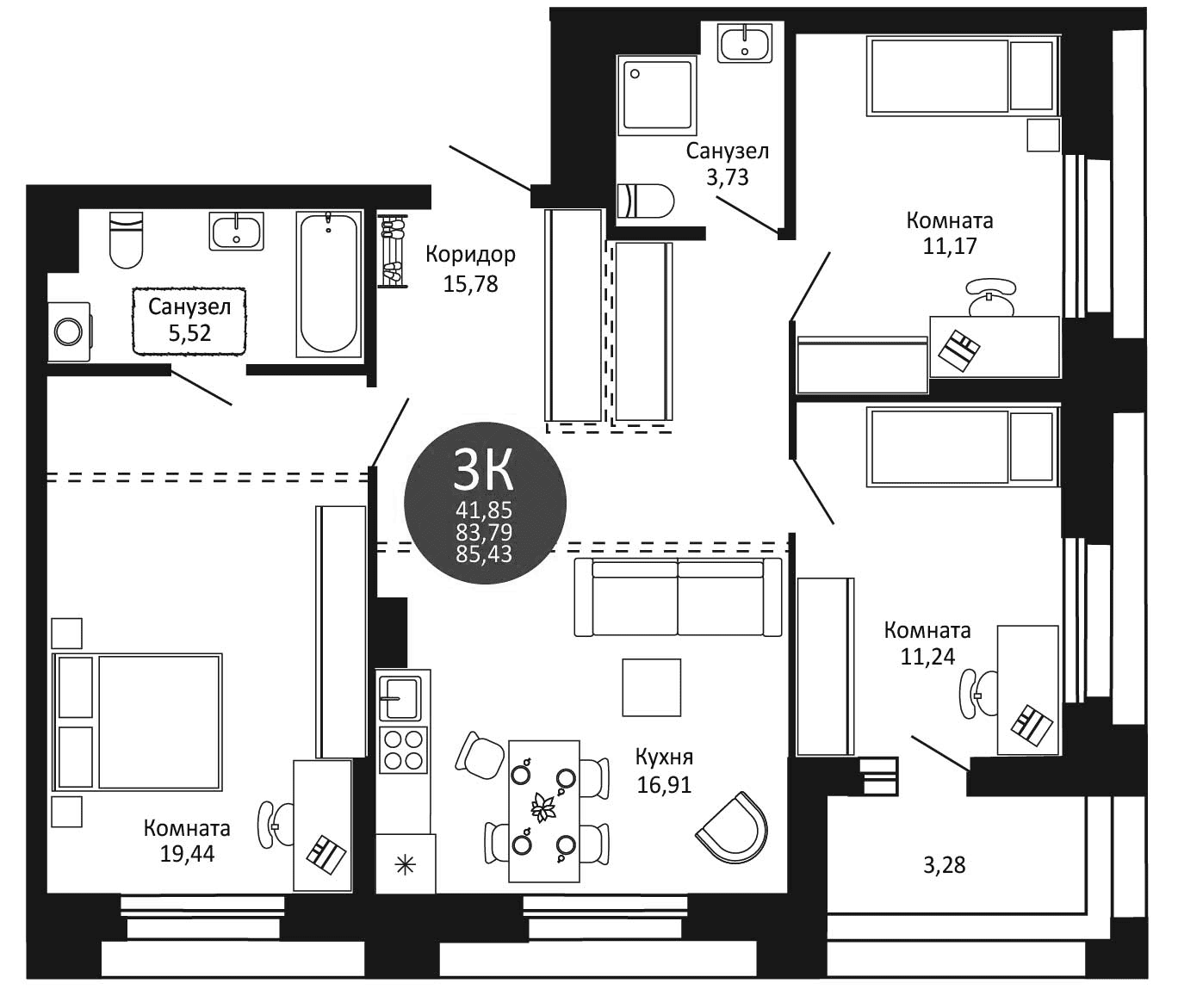 Планировка — Первый на Рябиновой, 3-комн., 84 м²