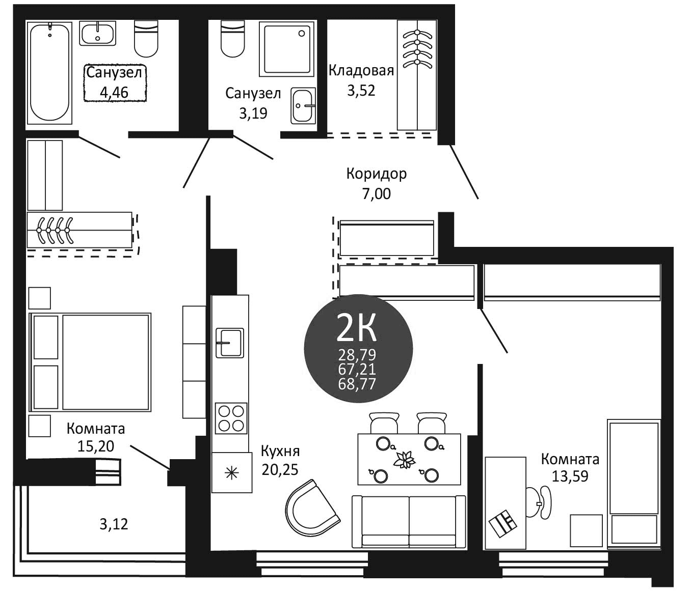 Планировка — Первый на Рябиновой, 2-комн., 67 м²