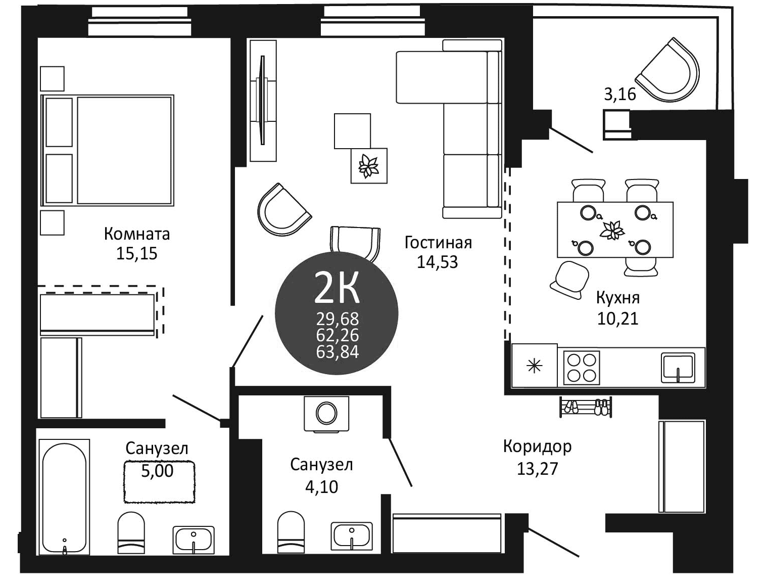 Планировка — Первый на Рябиновой, 2-комн., 62 м²