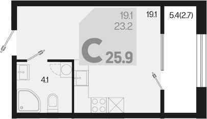 Планировка — Первое место, Студия, 23 м²