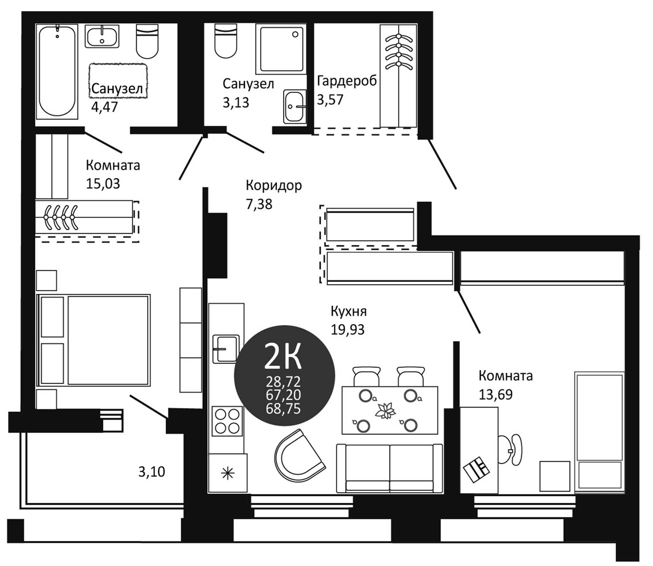 Планировка — Первый на Рябиновой, 2-комн., 67 м²