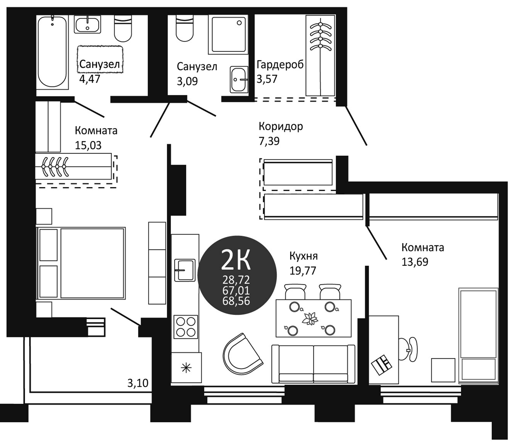 Планировка — Первый на Рябиновой, 2-комн., 67 м²