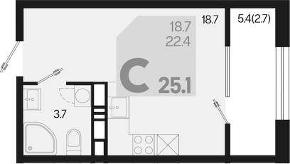 Планировка — Первое место, Студия, 22 м²