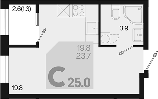 Планировка — Первое место, Студия, 24 м²