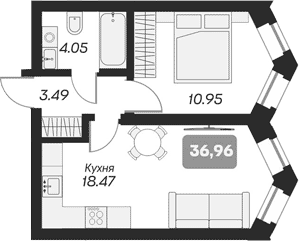 Планировка — Аэрон, 1-комн., 37 м²