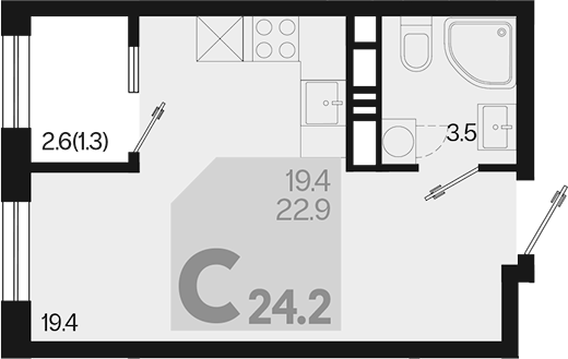 Планировка — Первое место, Студия, 23 м²
