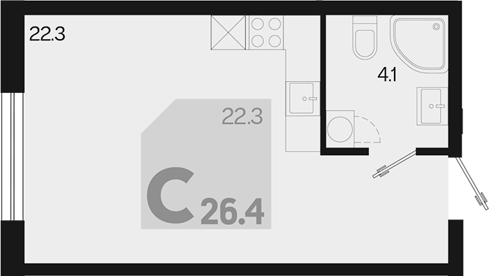 Планировка — Первое место, Студия, 26 м²