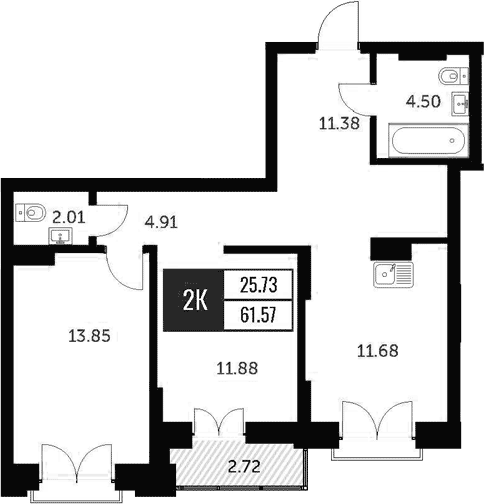 Планировка — Академия, 2-комн., 60 м²