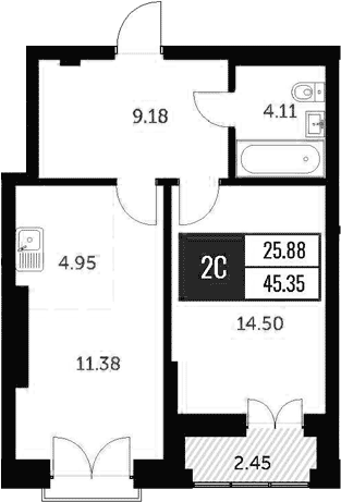 Планировка — Академия, 2-комн., 44 м²