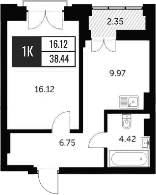 Планировка — Академия, 1-комн., 37 м²