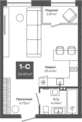 Планировка — Базилик, Студия, 35 м²