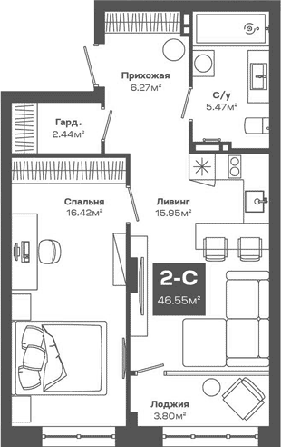 Планировка — Базилик, 2-комн., 47 м²