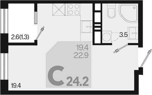 Планировка — Первое место, Студия, 23 м²