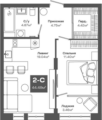 Планировка — Базилик, 2-комн., 44 м²