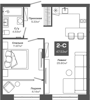 Планировка — Базилик, 2-комн., 48 м²