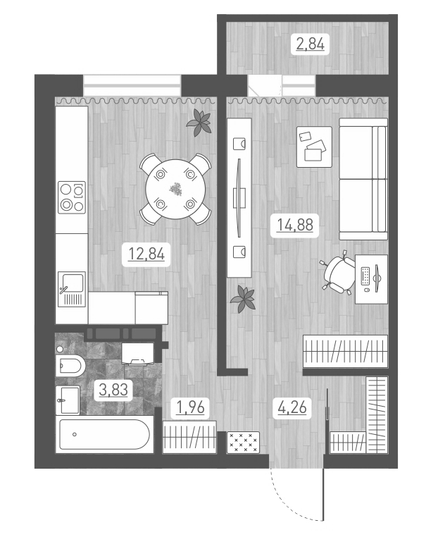 Планировка — Радуга Сибири, 1-комн., 38 м²