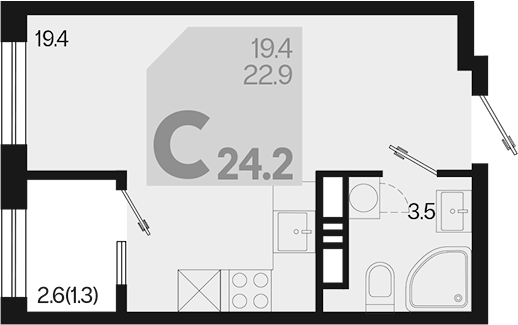 Планировка — Первое место, Студия, 23 м²