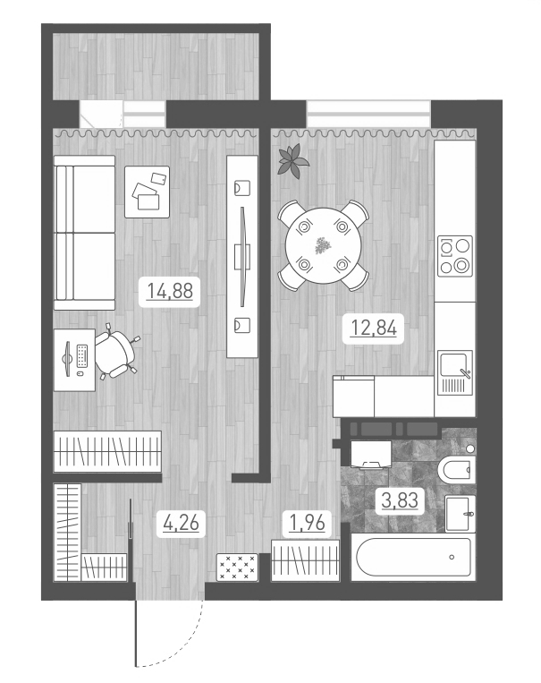 Планировка — Радуга Сибири, 1-комн., 38 м²