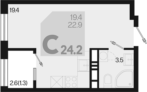 Планировка — Первое место, Студия, 23 м²