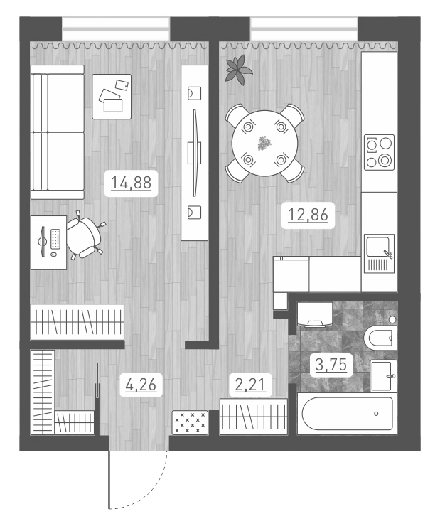 Планировка — Радуга Сибири, 1-комн., 38 м²