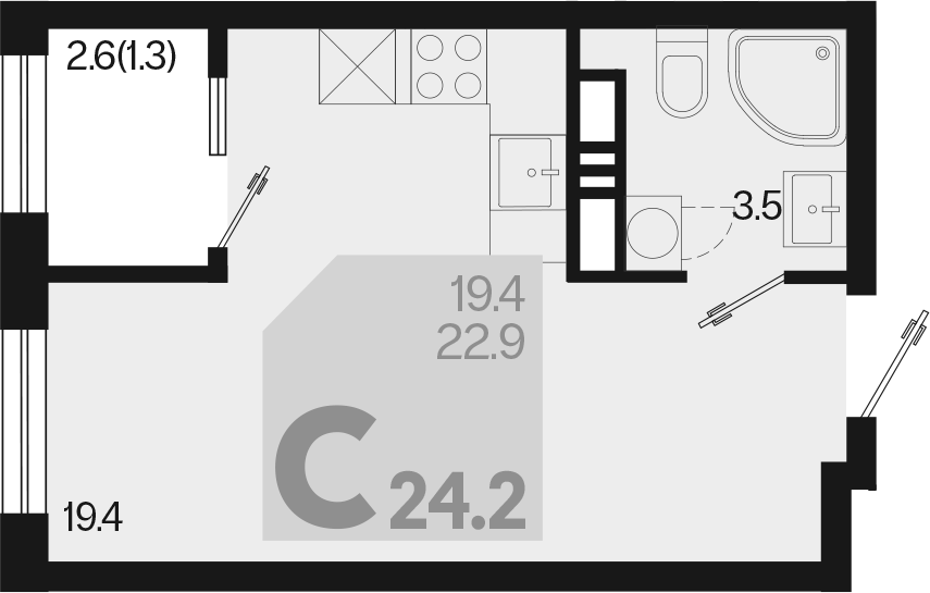 Планировка — Первое место, Студия, 23 м²