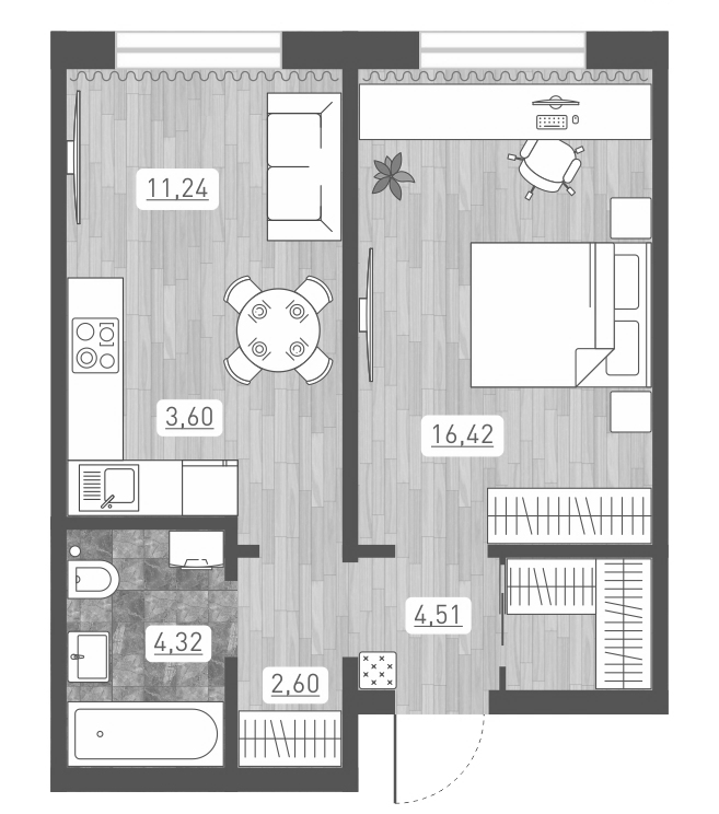 Планировка — Радуга Сибири, 2-комн., 43 м²
