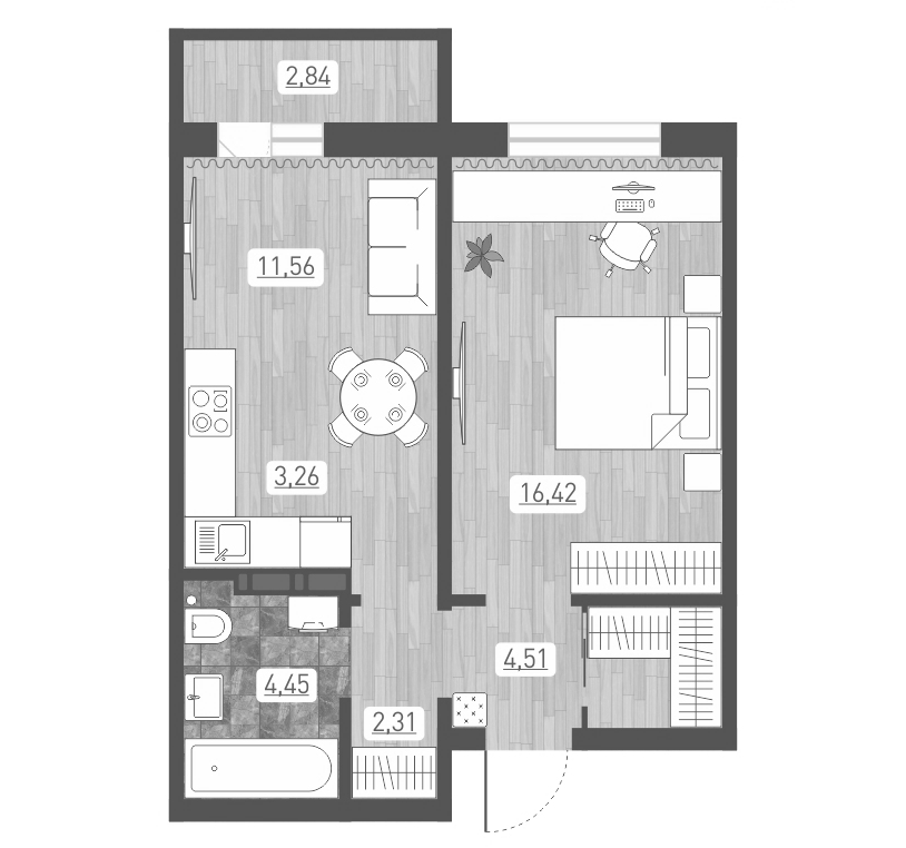 Планировка — Радуга Сибири, 2-комн., 43 м²