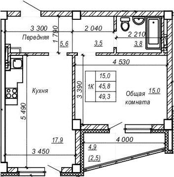 Планировка — Серебряный ключ, 1-комн., 46 м²