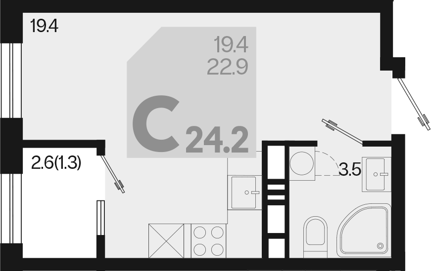 Планировка — Первое место, Студия, 23 м²